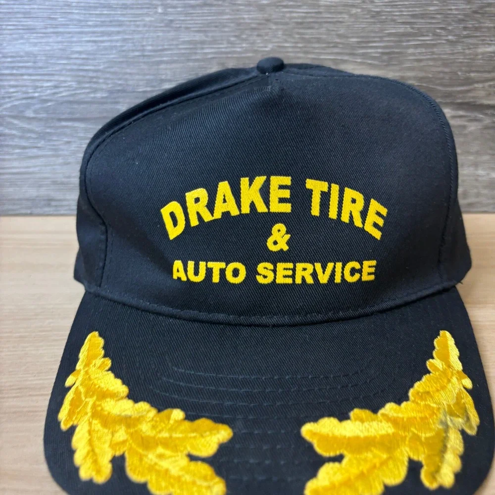 Vintage Drake Tire Hat Cap Snap Back Black Trucker Auto Service Adjustable‎